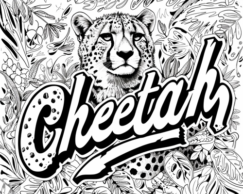 Graffiti style coloring page of a cheetah with leaves and the word Cheetah