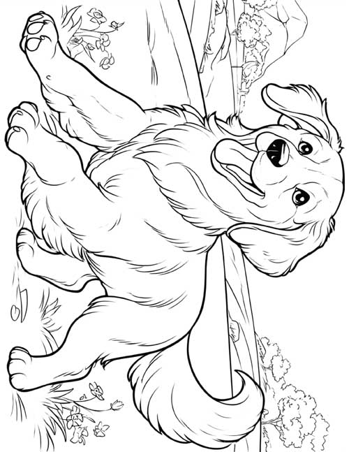 cartoon coloring page of a golden retriever puppy running