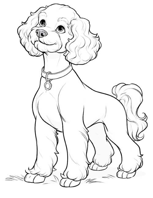 Cartoon coloring page of a Bichon Frise standing tall and looking up