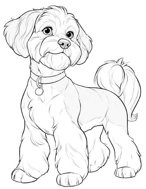 Coloring page of a Bichon Frise standing with a tag on its collar