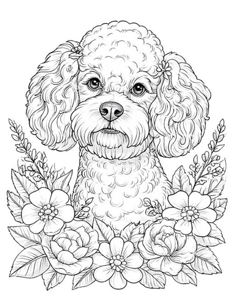 Detailed coloring page of a Bichon Frise surrounded by flowers