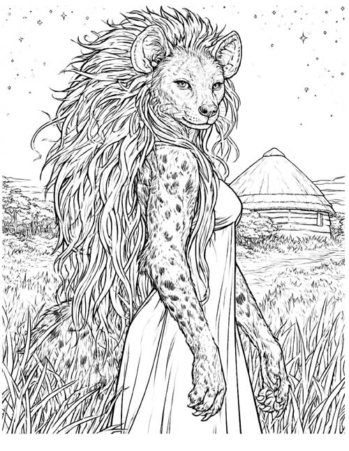 coloring page of a female werehyena