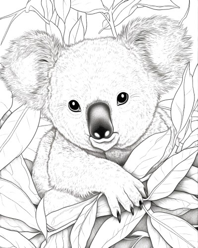 coloring page of a realistic koala and eucalyptus