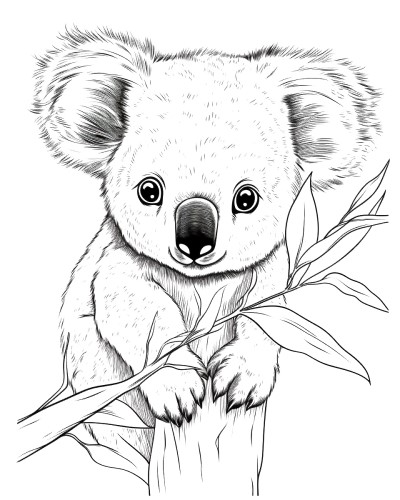 coloring page of a realistic koala in a tree