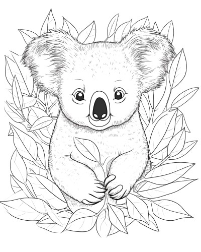 coloring page of a koala playing with leaves