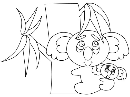 Coloring page of a koala in a eucalyptus tree