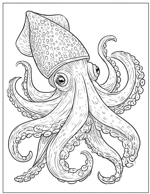 ink sketch coloring page of a squid