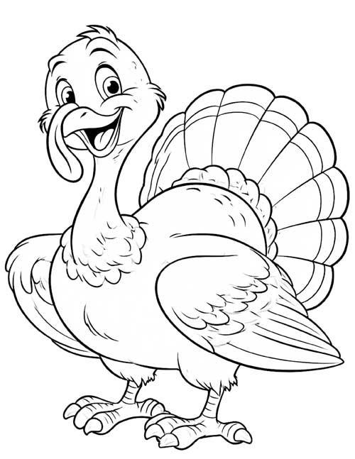 coloring page of a friendly cartoon turkey with a big smile