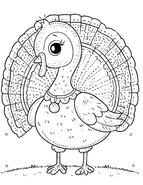 coloring page of a cute little turkey with a dotted tail