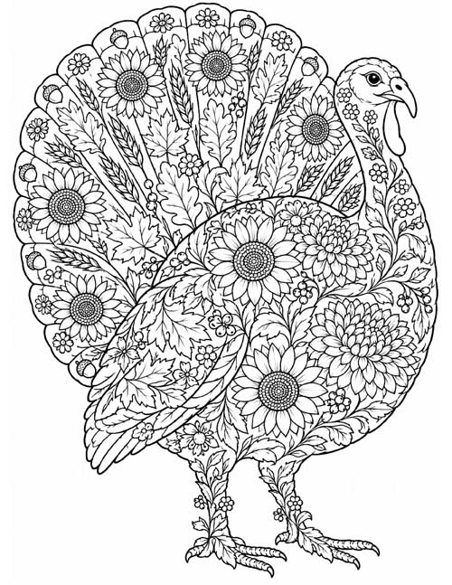 detailed coloring page of an autumn themed floral animal turkey