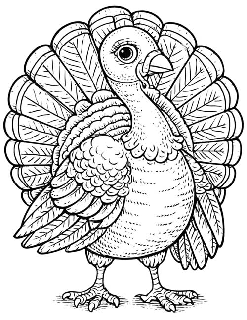 ink sketch coloring page of a friendly turkey
