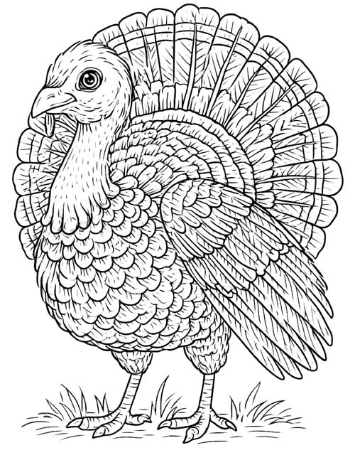 ink sketch coloring page of a tom turkey with his tail fanned out
