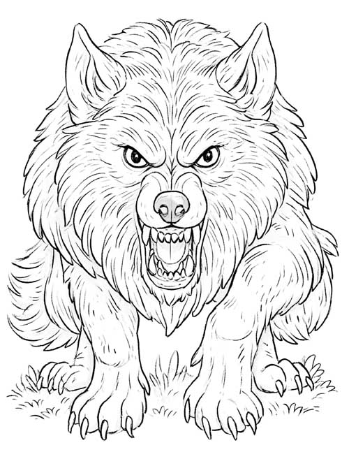 sketch coloring page of a snarling  wolf