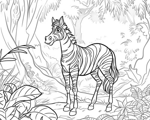 cartoon coloring page of a zebra in the woodlands