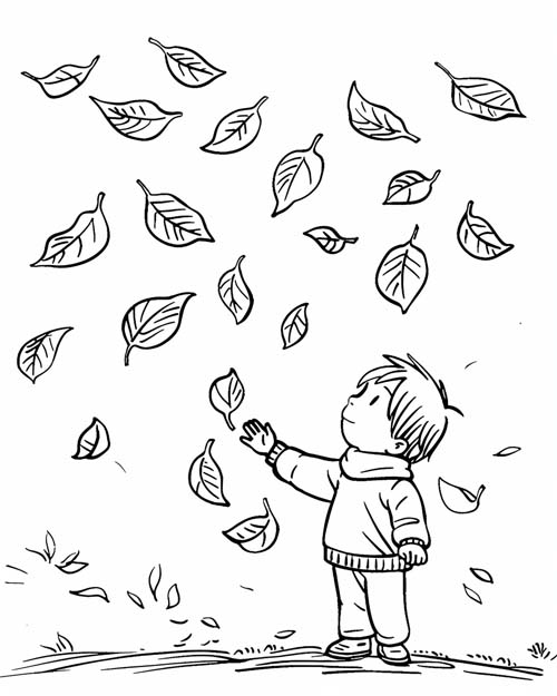 coloring page of boy watching falling leaves