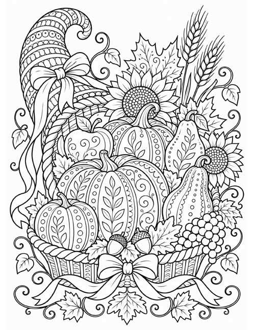 Coloring page of a cornucopia with friendly faces on the fruits and vegetables
