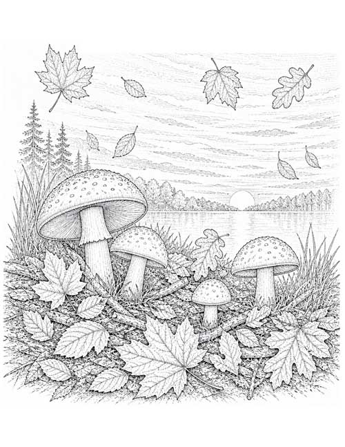 detailed, fine line coloring page of mushrooms and an autumn sunset