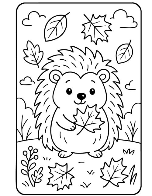 easy preschooler coloring page of an autumn hedgehog