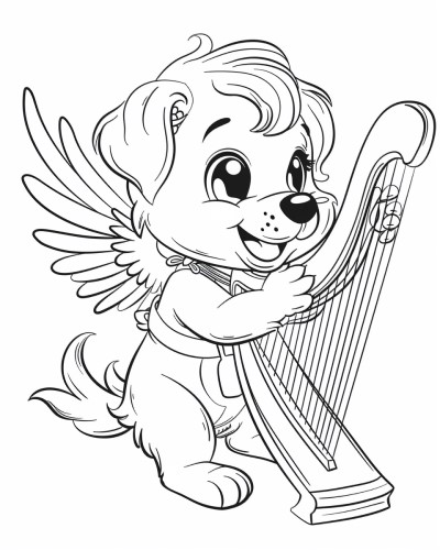angel dog playing a harp coloring page