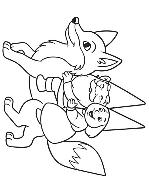 classic coloring page of David and Lisa riding a fox
