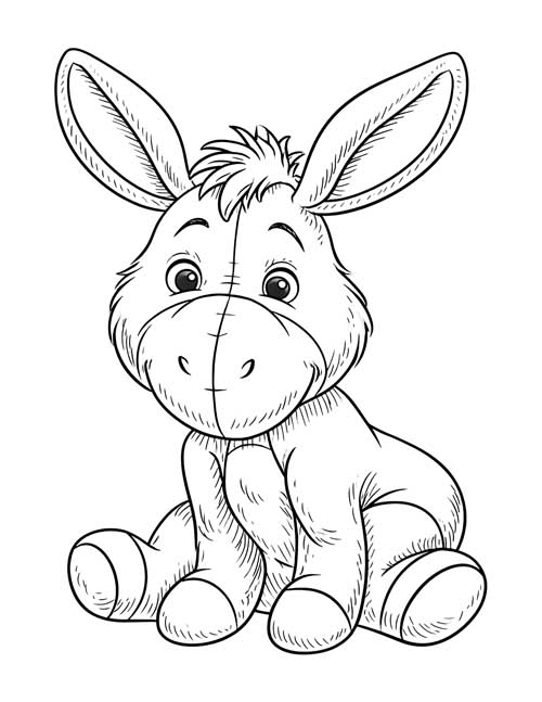 coloring page of a cheerful Eeyore stuffed toy