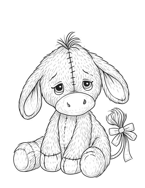 Detailed coloring page of a furry Eeyore stuffy with long ears, a stitched seam and a bow on his tail