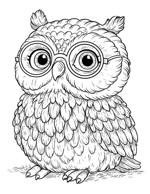 Detailed coloring page of a fluffy Owl with big round glasses