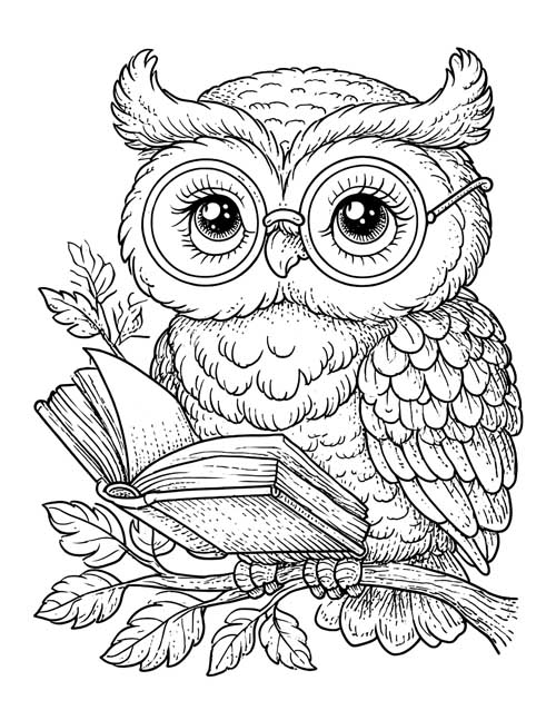Detailed coloring page of an Owl with round glasses reading a book on a leafy branch