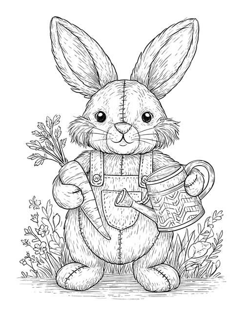 Detailed coloring page of a Rabbit stuffy in overalls with a carrot and a patterned watering can in a flower garden