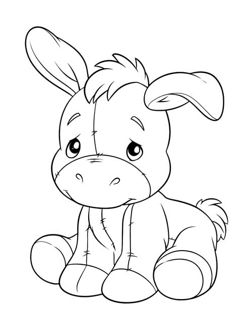Coloring page of a gloomy Eeyore stuffy sitting with one ear up and one ear flopped down