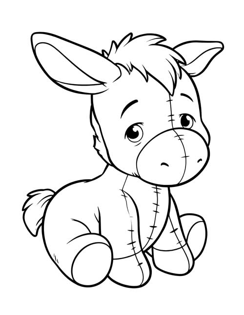 Coloring page of a sad little Eeyore stuffy sitting down with a tufty tail