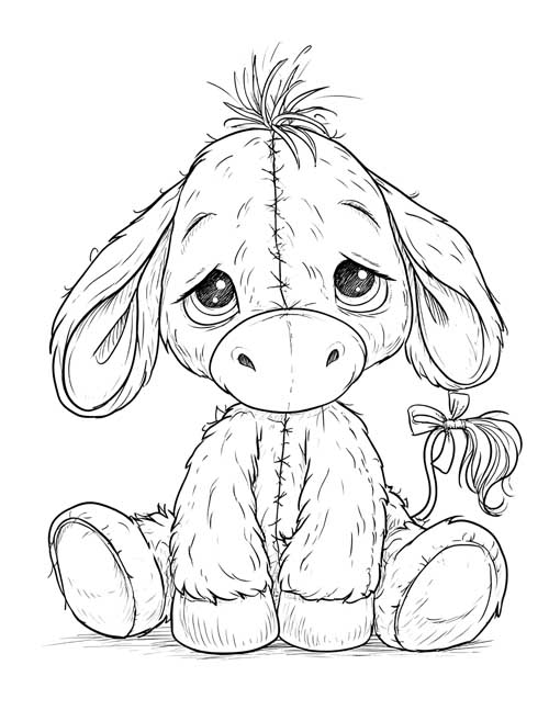 Detailed coloring page of a sad-eyed Eeyore stuffy with fuzzy fur and a ribbon on his tail
