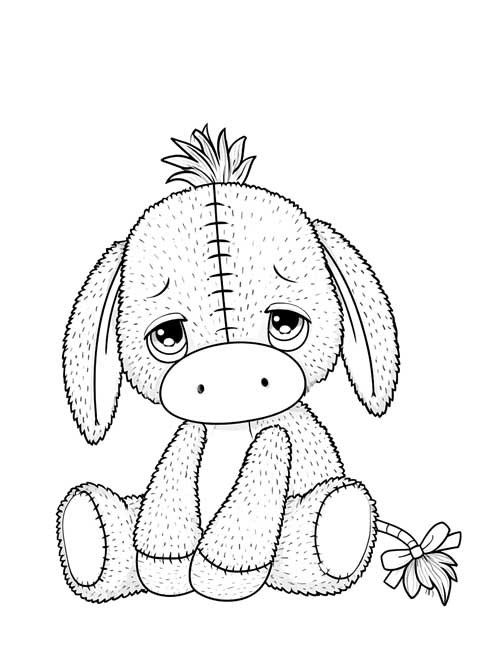 Ink sketch coloring page of a fluffy Eeyore stuffy with a tuft of mane and a bow on his tail