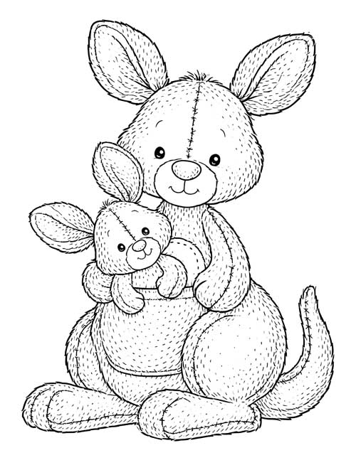 Ink sketch coloring page of a fuzzy Kanga stuffy with a stitched seam and baby Roo in her pouch