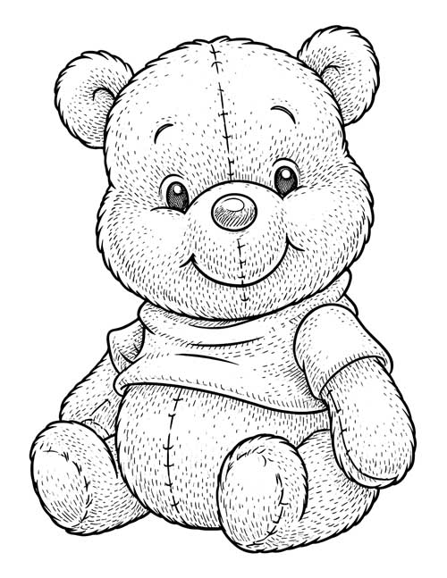 Ink sketch coloring page of a furry Pooh bear stuffy with stitched seams and a short shirt