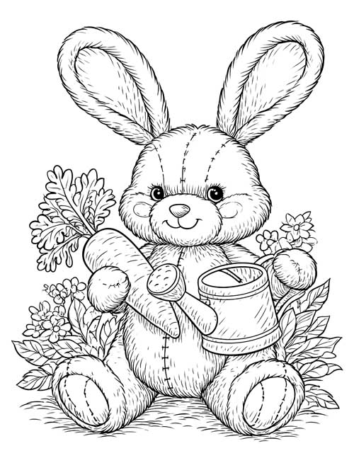 Ink sketch coloring page of a fuzzy Rabbit stuffy with a carrot and a watering can among garden flowers