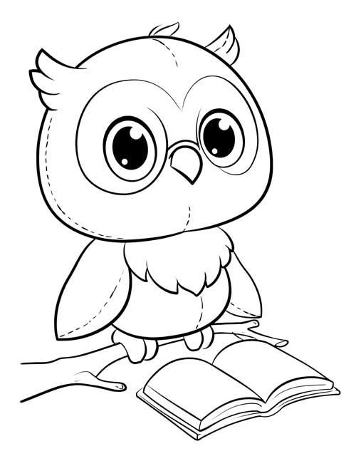 Coloring page of a cute Owl stuffy with round glasses sitting on a branch beside an open book