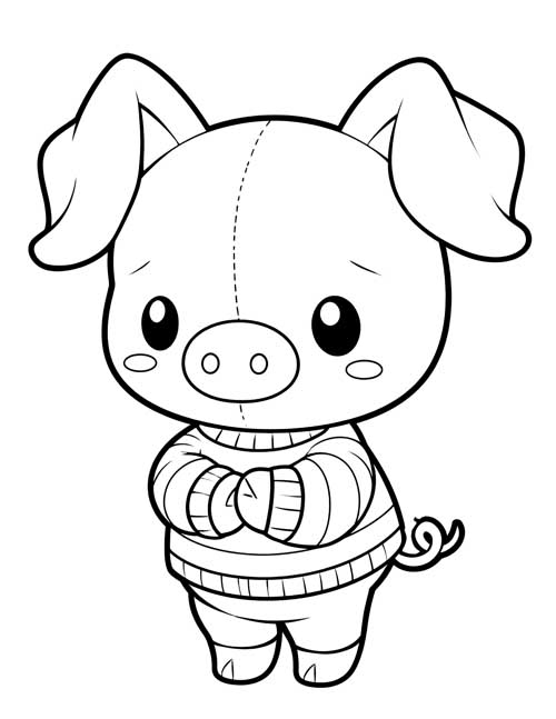 Coloring page of a shy cartoon Piglet in a striped sweater with a stitched seam on his head