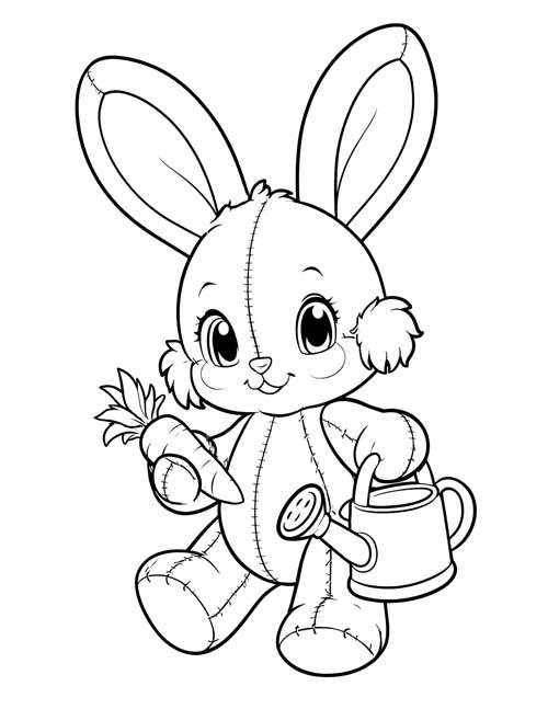 Coloring page of a stitched Rabbit stuffy with a carrot and a watering can