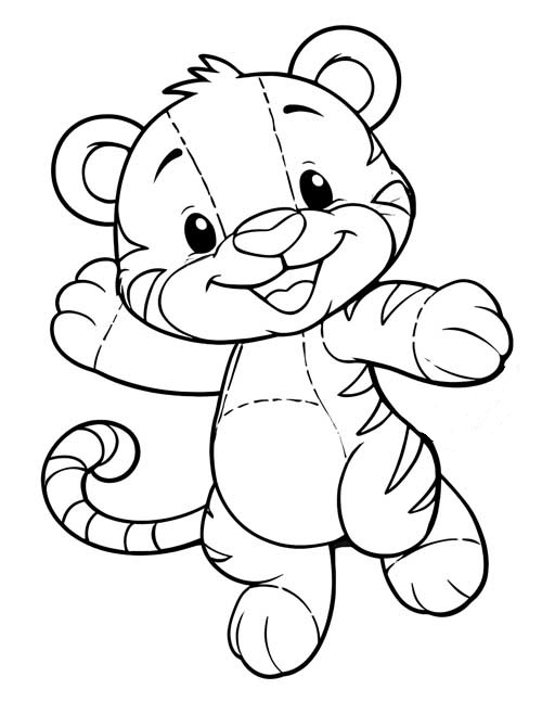 Coloring page of a bouncing Tigger stuffy with a striped curly tail and a big smile
