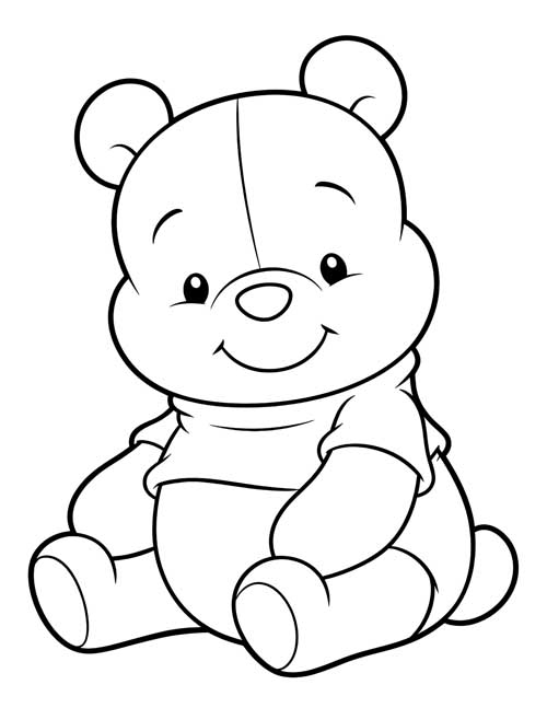 Coloring page of a smiling Pooh bear stuffy in a short shirt, sitting down with a stitched seam on his head