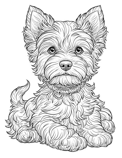 Detailed coloring page of Toto the Cairn Terrier lying down