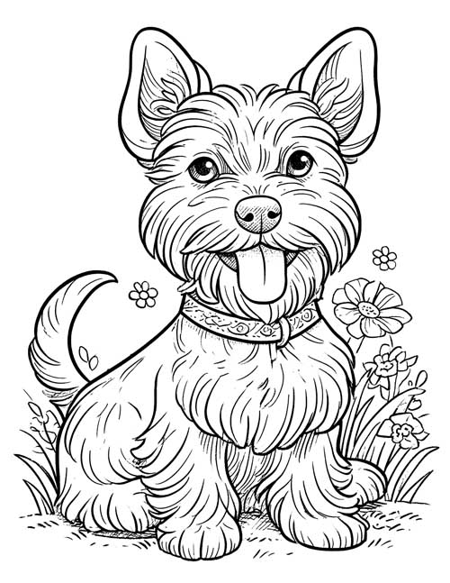 Coloring page of Toto the Cairn Terrier sitting in the grass with his tongue out