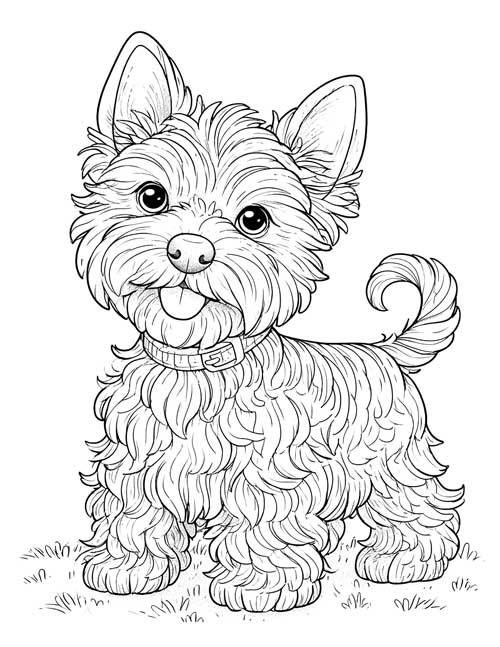 Coloring page of Toto the Cairn Terrier standing with his tail curled up