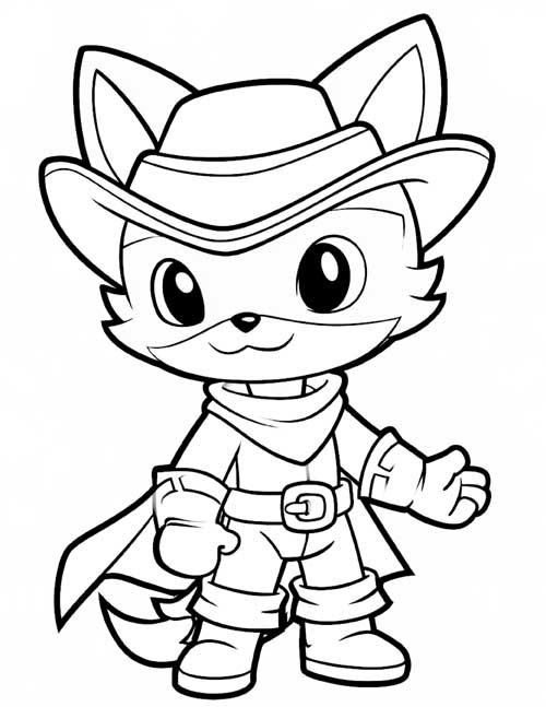 cute coloring page of a fox dressed as Zorro in a hat, bandana and cape