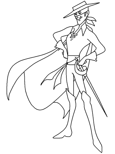 coloring page of Zorro with his sword, mask, hat and cape