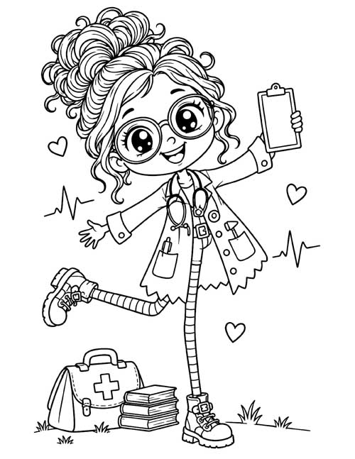 Coloring page of a cartoon doctor girl in glasses and a lab coat holding a clipboard, with a medical bag and a stack of books