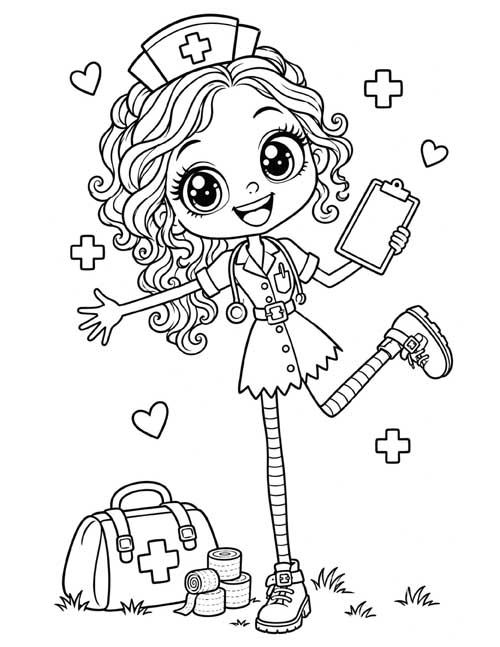 Coloring page of a cartoon nurse girl in a nurse's cap holding a clipboard, with a first aid bag and rolls of bandage
