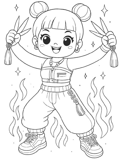 k-pop demon hunters - chibi coloring page of Zoey ready for a fight