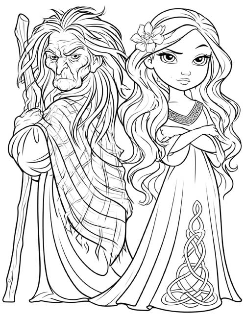 Coloring page of the Cailleach and Brigid with their backs to each other, Brigid rolling her eyes
